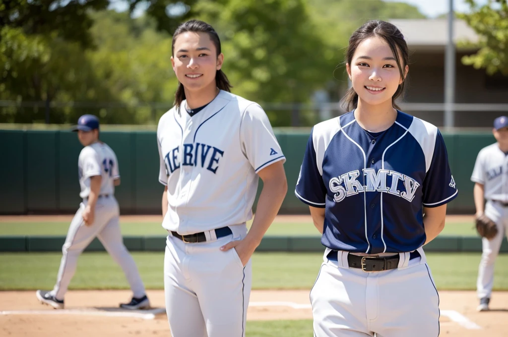Baseball Cosplay,  court, Baseball uniforms, smile, One girl, Cowboy Shot, Detailed uniform, View the viewer, (Sigma 85mm f1.4), Depth of written boundary, Bokeh,  detailed photographrealistic background, Diffused natural light, Diffused, natural skin glow, summer, photograph realistic, photograph