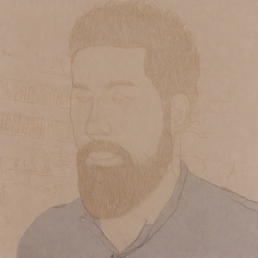 black and white drawing of a a man with beard on a white paper