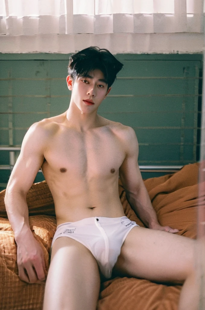 (best quality:1.4), (ultra highres:1.2), (photorealistic:1.4), (8k, RAW photo:1.2), Realistic handsome Japanese guy, muscle, fit, 18 years old, Spread your legs, shirtless, , wear cat ears, wear jockstrap , white , bedroom,