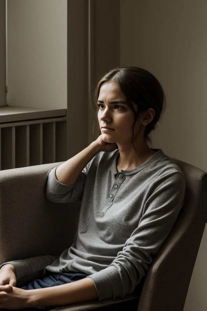 3. Image of a person sitting in a chair, with arms crossed and an expression of hopelessness, symbolizing depersonalization and loss of motivation:
Desperate and depersonalized person