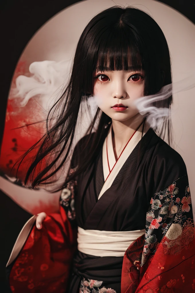 Highest quality、Masterpiece、Highest detail、Japanese Yokai、Girl floating in the darkness、Bob-haired beautiful girl、Vermilion eyeliner、A simple thin kimono with a red ruffled chest、Glare、Feeling fear、Dense foggy black background、Multiple exposure smoke