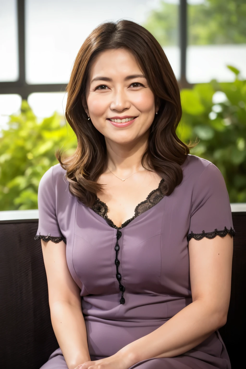 最high quality, In 8K, Masseter region, real, Sharp focus, high quality, High resolution, Detailed face, Fine grain, Thick lips, Background Blur, alone, Full body photography, Middle-aged women, , 65 years old, , Wavy Hair, Cleavage, Wearing a plain short-sleeved knit, Sitting on a park bench, Wrinkles around the eyes, Smiling with teeth showing