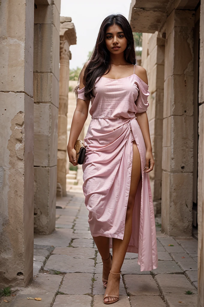 South asian girl wearing a Ancient Greek draped pink dress