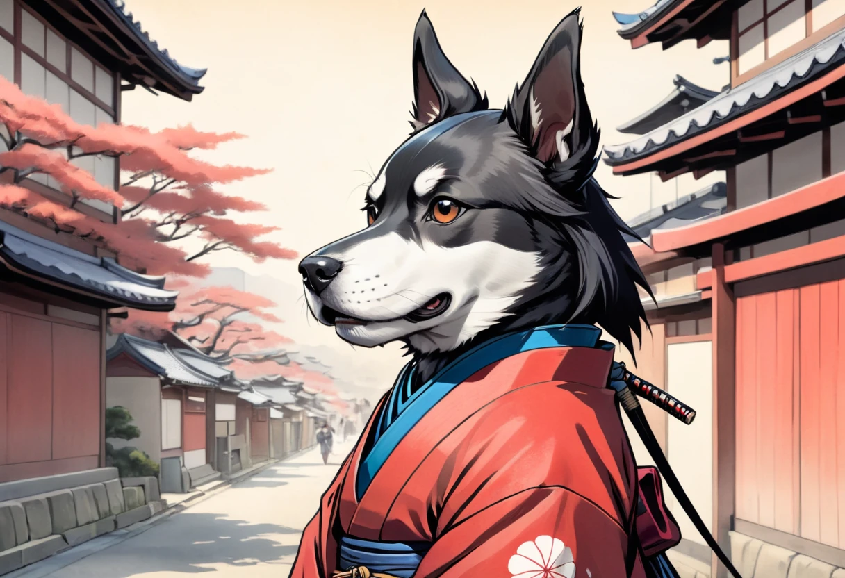 arte em tinta fina, comic style, portrait of japan, samurai dog, samurai dog looking for the left, Glamour de Osaka, bela arte de linha, comic style, manga style, manga art style, pencil and ink caricature drawing, coloring, , other positions, corpo inteiro. Japan Background, dog ninja, desenho colorido. Old japan sity in background