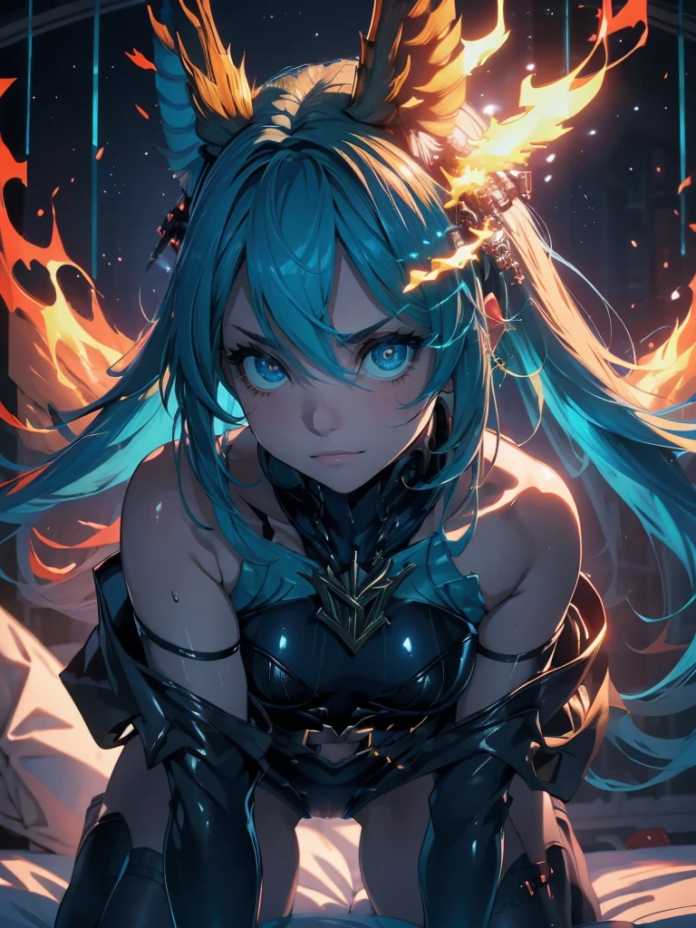 The best quality, high definition image, super calidadMiku Hatsune dark blue body High Definition, kitsune ears, creampied vagina, internal creampie, open legs, solo doggystyle in bed, alta definition image, sweaty body, exhausted, tired and tired face, sweat drips all over his body, High Definition, squating position in bed, vampire wings, very showy, kneeling in hell, fire around her, evil face, lustful look, hell sucubo, you taste his hand, hand in mouth, pleasure face, he sucks his fingers