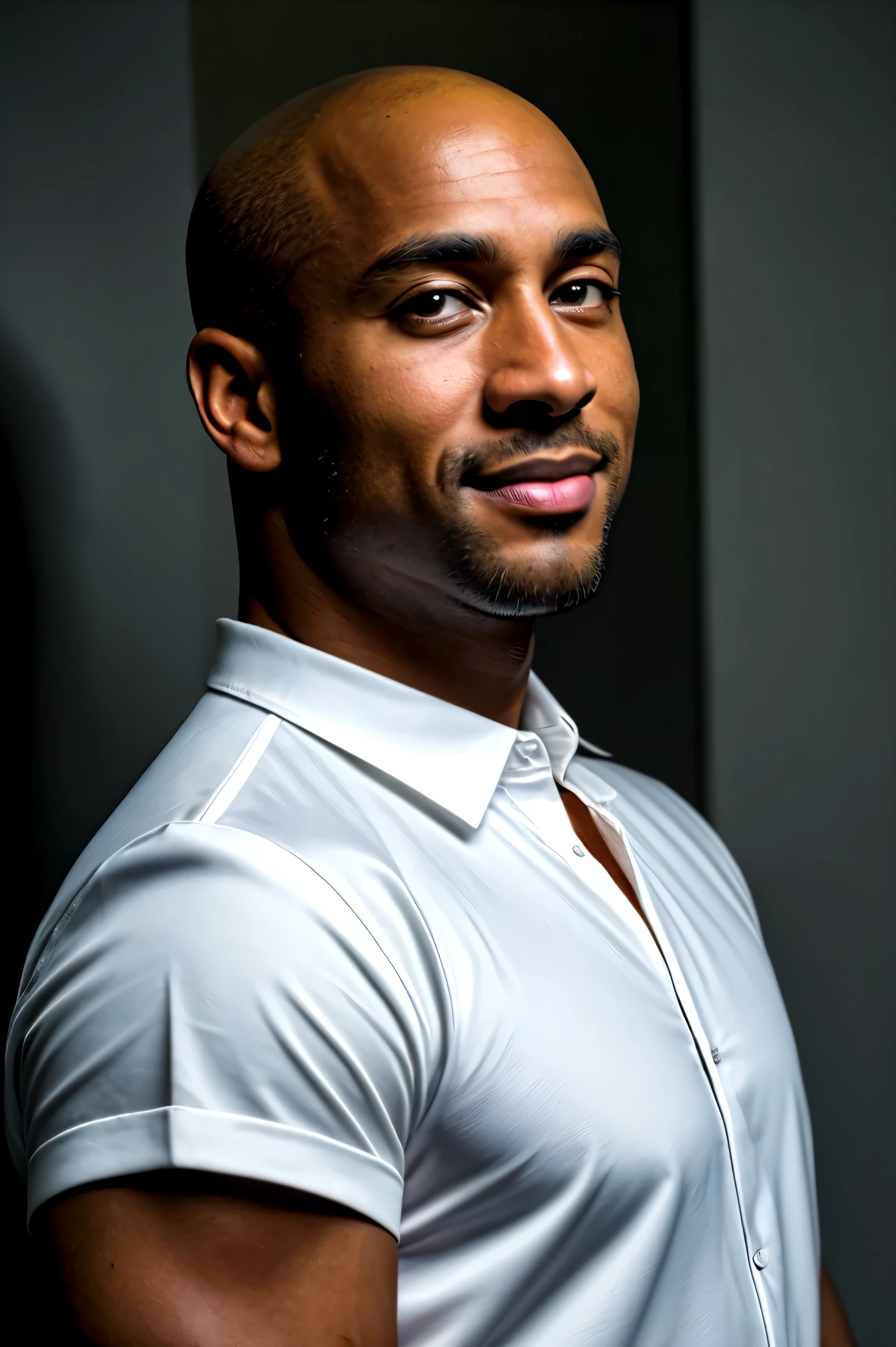  Hasselblad depicts a black man, bald, about 35 years old, handsome, robust, 40 years old. The man has medium olive skin, a friendly smile, dark eyes with well-defined gray eyebrows, a slightly angled chin, and visible cheekbones. strong side lighting, sharp focus, skin texture, extremely detailed, black formal pants, open white shirt, futuristic clothes, sci-fi clothes, bald head