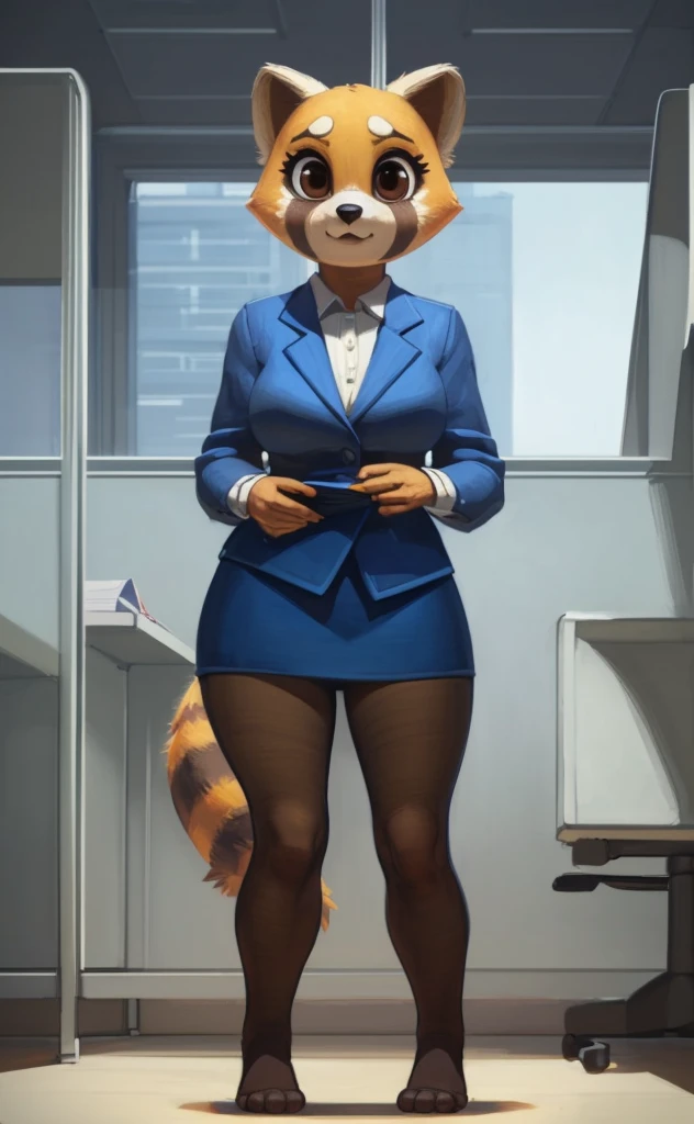 [retsuko], [aggretsuko], [Uploaded to e621.net; (Pixelsketcher), (wamudraws)], ((masterpiece)), ((HD)), ((solo portrait)), ((front view)), ((feet visible)), ((furry; anthro)), ((detailed fur)), ((detailed shading)), ((beautiful render art)), ((intricate details)), {anthro; orange fur, black nose, small brown eyebrows, cute brown eyes, (short eyelashes), raccoon tail, (gorgeous hips), (beautiful legs), (beautiful feet)}, {(office woman), (bra), (short blue panties), (opaque pantyhose), (upskirt panties)}, {(standing), (looking at viewer)}, [background; (cubicles), (white walls), (window), (blue sky), (sun rays)]