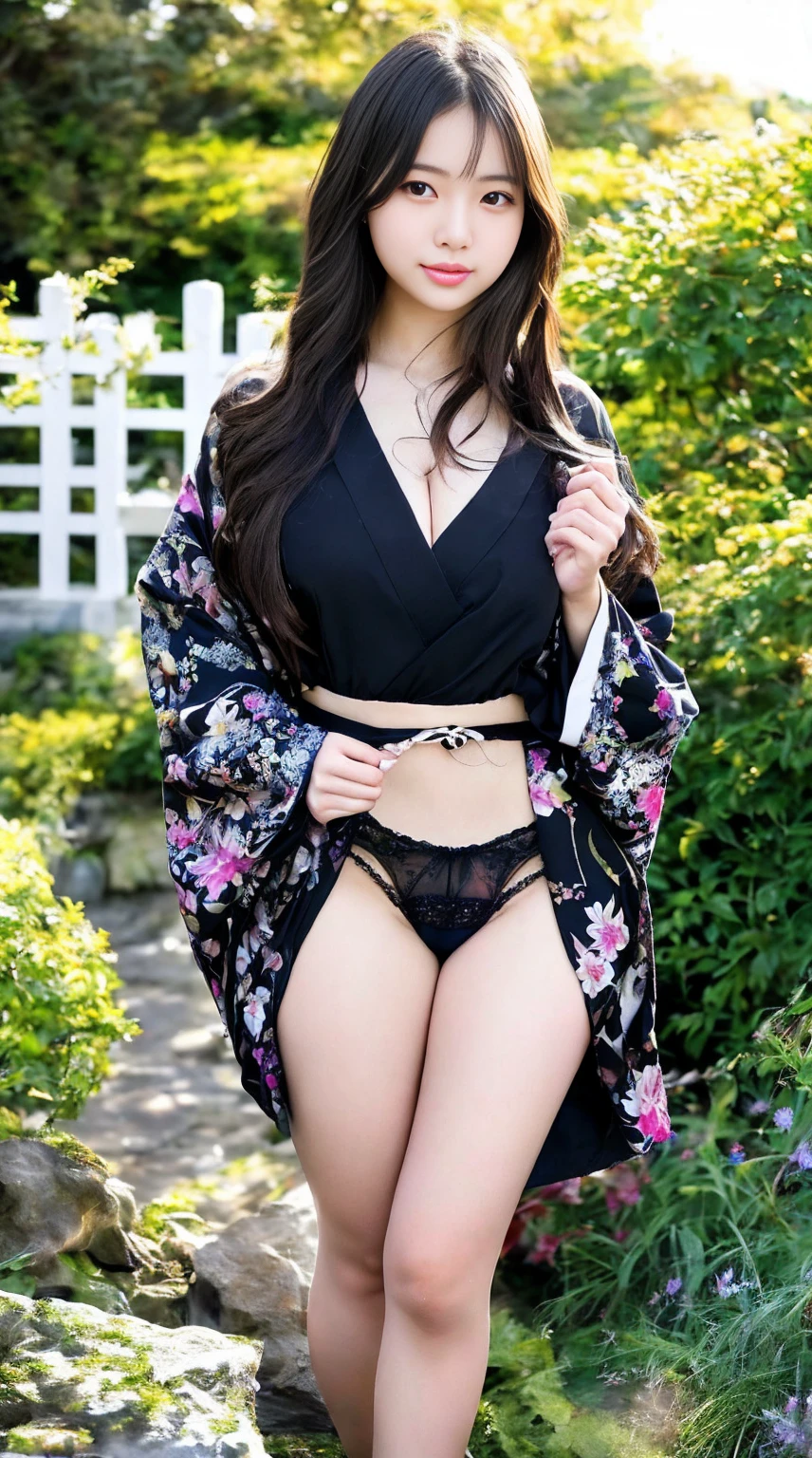 最high quality、high quality、Best image quality、8K、最High resolution、High resolution、最high quality、masterpiece、RAW Photos、whole body写真、Detailed and realistic human body、Detailed and realistic skin、Realistic face in every detail、Detailed and realistic eyes、Detailed and realistic lips、Detailed and realistic teeth、Detailed and realistic ears、Detailed and realistic hair、Realistic reproduction of every detail、Realistic fingers in every detail、(Perfect and beautiful hands、thumb１reference４)、Realistic feet down to the last detail、((Beautiful Japanese Girl))、(Japanese Model)、((18 year old beautiful girl))、(Black Hair)、(Straight hair)、((whole body))、(Slim and perfect figure)、(whole body光沢肌、Fair skin)、Soft natural light、(Maiko、geisha、kimono、Long-sleeved kimono、yukata、Japanese tradition、Samurai residence、Japanese garden、((カラフルな花柄のkimono))、((Standing naturally in the garden(Poses to make your thighs look beautiful))、((Sexy panties visible between her thighs))