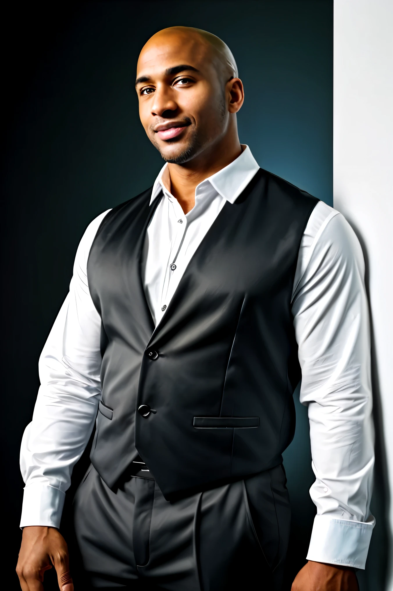  Hasselblad depicts a black man, bald, about 35 years old, handsome, robust, 40 years old. The man has medium olive skin, a friendly smile, dark eyes with well-defined gray eyebrows, a slightly angled chin, and visible cheekbones. strong side lighting, sharp focus, skin texture, extremely detailed, black formal pants, open white shirt, futuristic clothes, sci-fi clothes, bald head