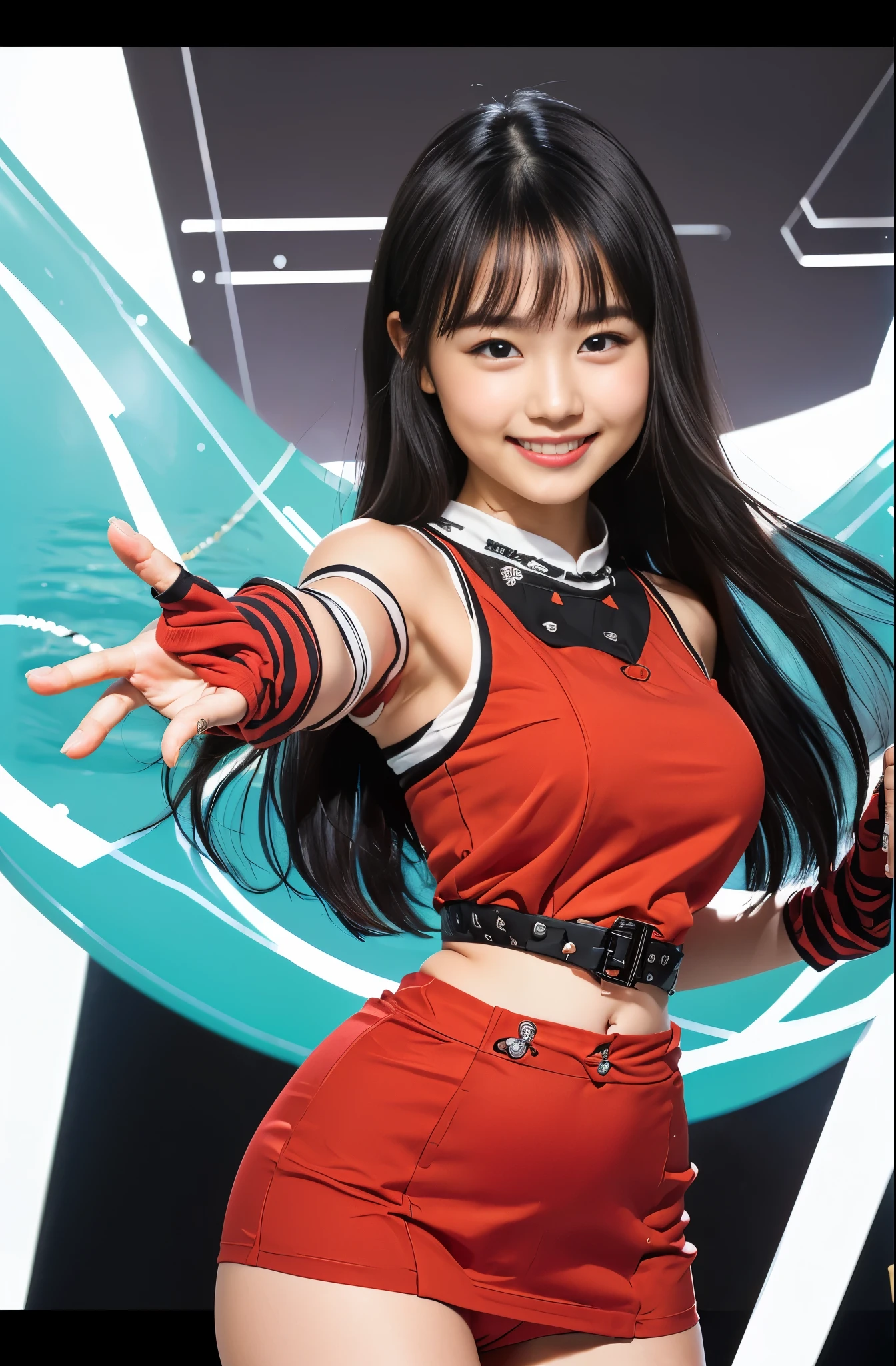 （8K、Raw photography、Highest quality、masterpiece：1.2),(Black Hair、Dark Eyes:1.9),(:1.6)、View your viewers,Front view,White skin,(:1.3)、(Tight waist:1.6)、(Clothes that accentuate the shape of the breasts:1.0)、(Big Breasts :1.3)、Slim figure、Ultra-high resolution,beautiful,beautiful fece,(One person、No background:1.9),whole bodyボディー,Japanese women,（reality的：1.37）、Photon Mapping,reality、(Baby-faced and cute: 1.4)、(Cute Smile: ound face: adio City、Physically Based Rendering、Depth of field rally background、photograph, (I can see your knees、Thigh close-up:1.8),（:1.6）,whole body、Great quality