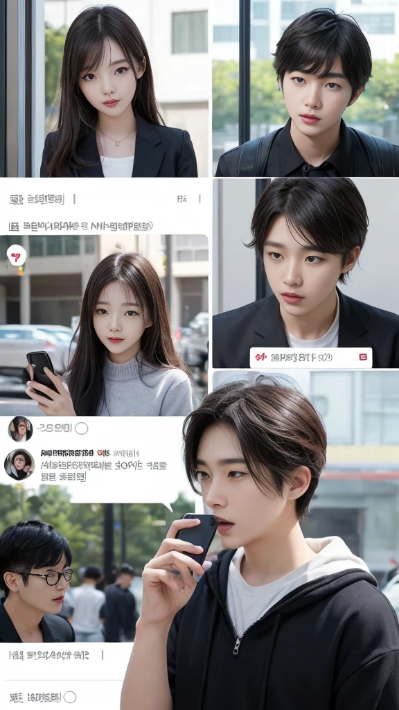 (high quality), (SFW:1.2), split screen, delinquent, Mature high school girl and Korean adult man enjoying smartphone chatting app, Her smartphone display shows a number of adult Korean men having a conversation with a high school girl..., Chat language is English., The men are waiting for her reaction, pop-up window, there'still, The man is asking her to chat on his smartphone screen. Chat takes place alternately between women and men....