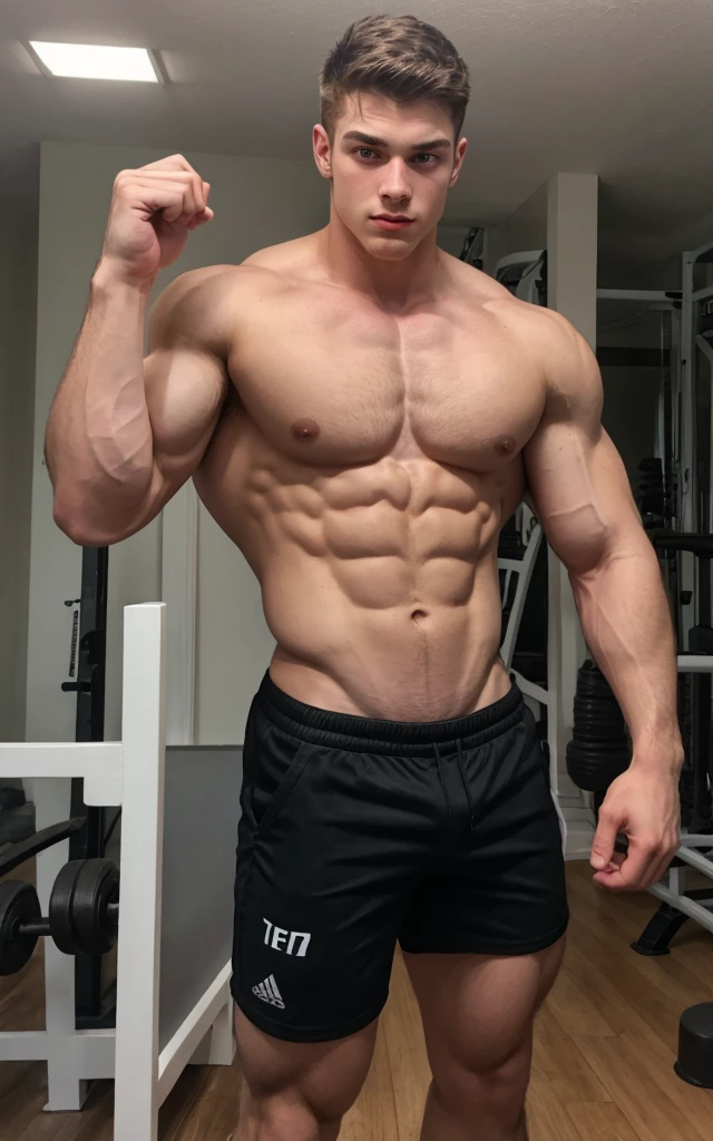 Young white man 18 years old , green eyes,square shape face,extremely muscular body,gym body, muscular body like David Laid,in black shorts, in an American house 