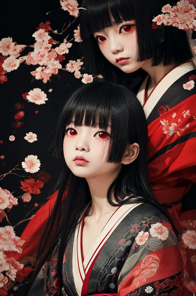 Highest quality、Masterpiece、Highest detail、Japanese Yokai、Girl floating in the darkness、Bob-haired beautiful girl、Vermilion eyeliner、A simple thin kimono with a red ruffled chest、Glare、Feeling fear、Dense foggy black background、Multiple exposure smoke