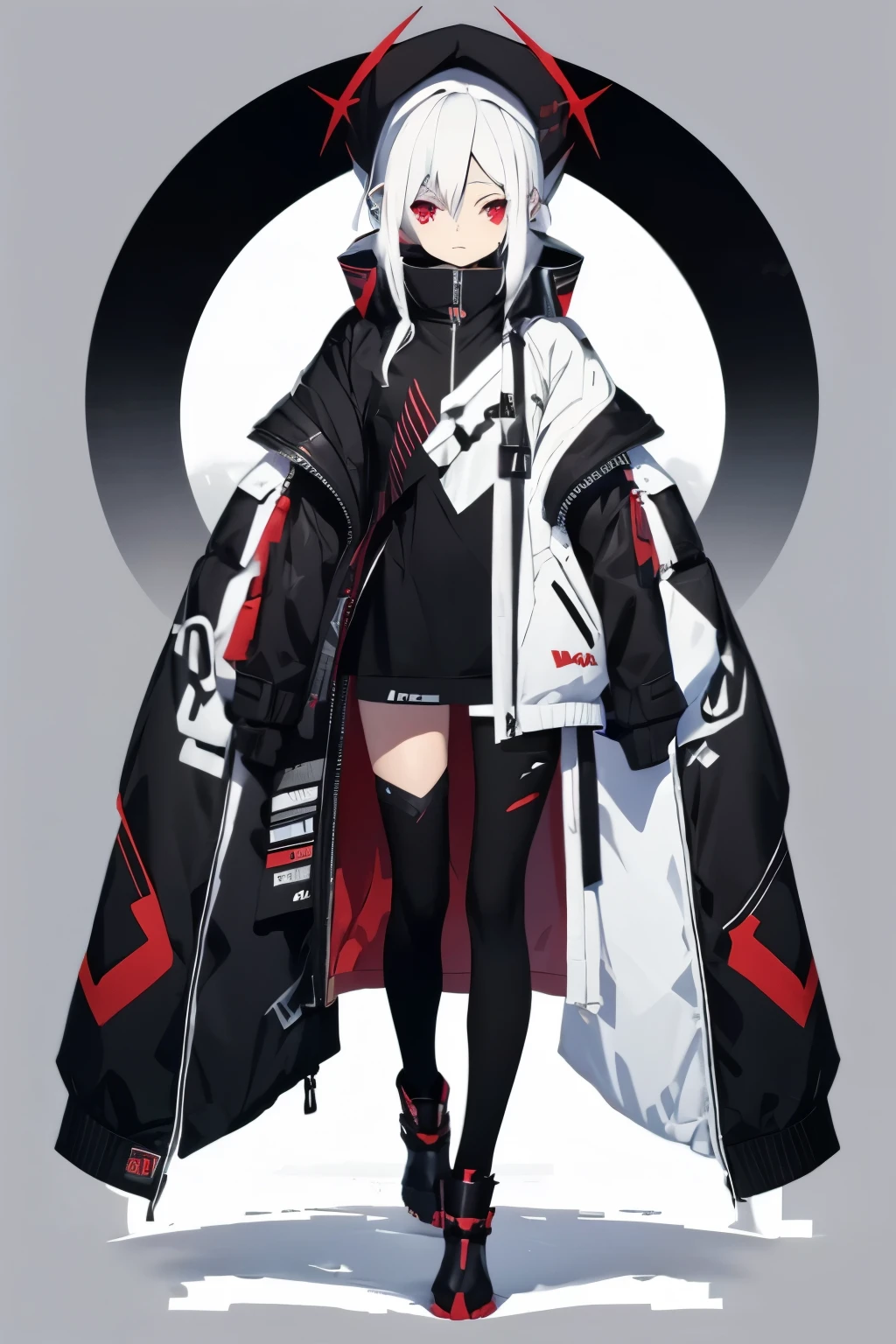 /imagine prompt: Masterpiece: 1.6, best quality: 1.4, live image: 1.2, intricate details: 1.2, charturnerv2: 1.2, female vtuber, thin, very short girl, small breasts, very long white hair, bedhead, red eyes, pale skin, eyepatch, bare feet with cloth footwraps, large jacket with a very high neckline inspired by the silhouette of the Akatsuki cloak from Naruto, decorated with patches and badges, sleek contemporary design inspired by Iono's big jacket, straightforward and easy to understand clothing, instantly recognizable silhouette, sleepy eyes, dark circles with eyebags. (single background, white background: 1.3), multiple views of the same character in the same outfit: 1.3 --v 6.0