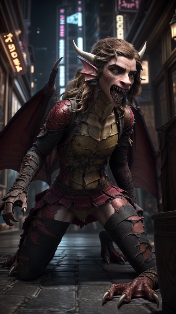 a beautiful girl with long brown hair, emma watson, ewt woman, transforming into a dragon, ?????????, city street, skirt clothes ripping, shreeking in terror from the pain, photo-realistic, intricate details, dramatic lighting, dark fantasy, cinematic, highly detailed, 8k, award winning, masterpiece, transformation, best quality