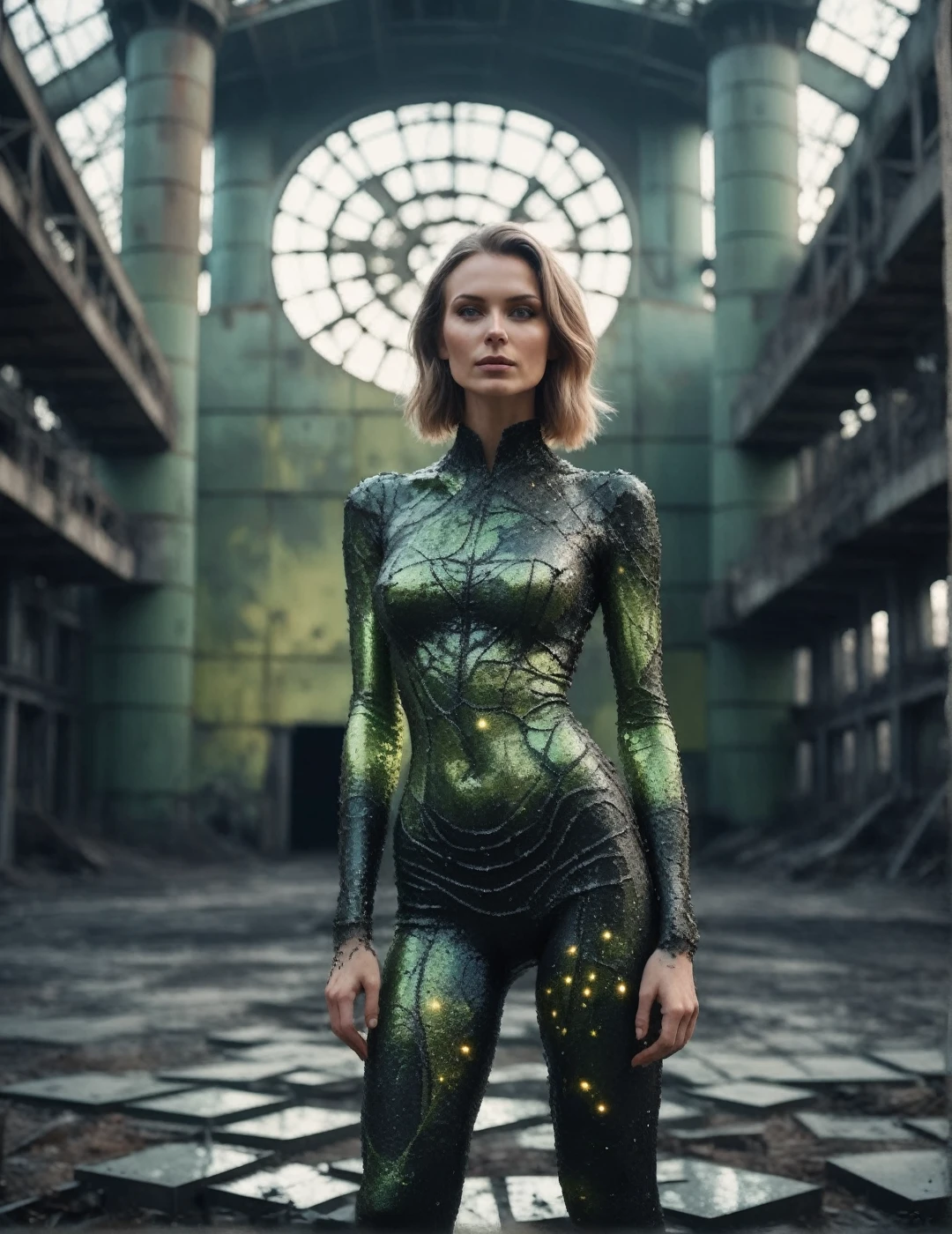realistic full body shot of (elegant Slavic woman:1.15) with natural skin texture and intricate body art and perfect feminine  showing open palm, abandoned industrial zone in Chernobyl, Voronoi-shaped blocks on the ground, dark carbon voxels with sharp edges, low-poly abandoned nuclear plant, (perfect hands:1.23), (glitter:0.85), (shiny black slime, Voronoi scales, depth of field, (swirly bokeh:1.275), (Kodak Portra 400:0.925) :1.25), (realistic complex abandoned nuclear plant background:1.1), shiny glass, (cosmic horror, gloom, light leaks, mysterious, surreal:1.1), remarkable masterpiece, celestial, ethereal, epic, magical light flares, natural soft dreamy lighting, ((warm-yellow and cold-green:0.85), cinematic look, ideal hand , hairy pubic, hairy armpits:1.25)