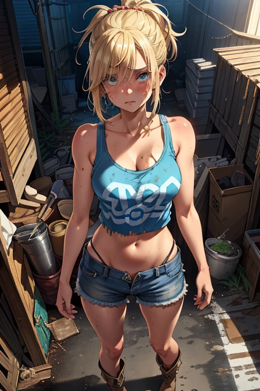 blue eyes, blonde hair, Makeup (Messy), (extremely detailed CG unity 4k wallpaper),(masterpiece),(best quality),(ultra-detailed),(best illustration),(best shadow),(absurdres),(detailed background), Trailer park trash, Short blonde hair (very Messy), Croptop tank top (filthy), denim short skirt (filthy), Cowgirl boots, Sad expression, Dirty girl, standing, poor,