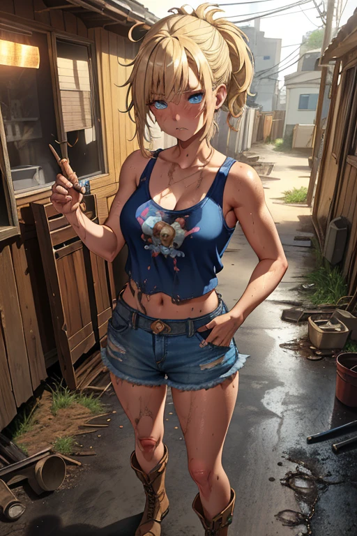 blue eyes, blonde hair, Makeup (Messy), (extremely detailed CG unity 4k wallpaper),(masterpiece),(best quality),(ultra-detailed),(best illustration),(best shadow),(absurdres),(detailed background), Trailer park trash, Short blonde hair (very Messy), Croptop tank top (filthy), denim short skirt (filthy), Cowgirl boots, Sad expression, Dirty girl, standing, poor,