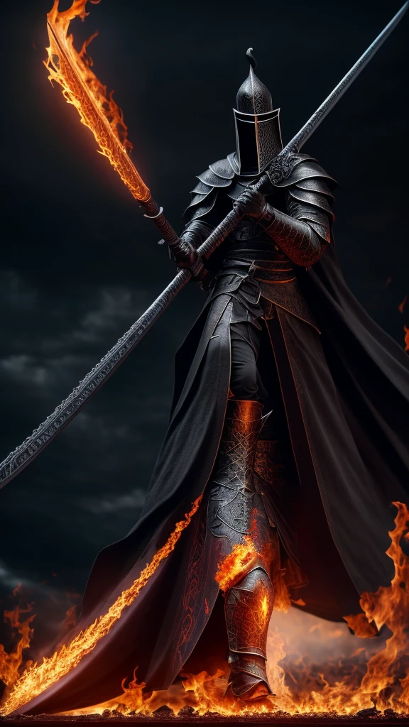 powerful black flames, a black-robed knight carrying a large scythe merged with the flames, hands out of the ground, red moon, black smoke everywhere, ultra hyper realistic,ultra intricate detail,32K UHD, cinematic, wide-shot angle.