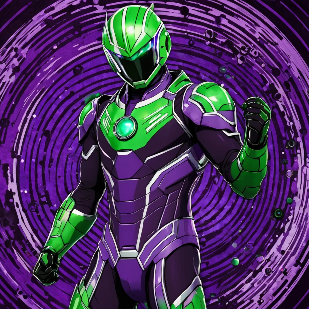 a detailed close-up captures a striking anime character, clad in a purple and green suit. the suit's helmet, a striking purple, is adorned with a green stripe running down its center. the character's arms, painted in a vibrant green, are adorned with a series of circular buttons. the background, a rich red, is punctuated by a series of black shapes, adding depth to the composition.