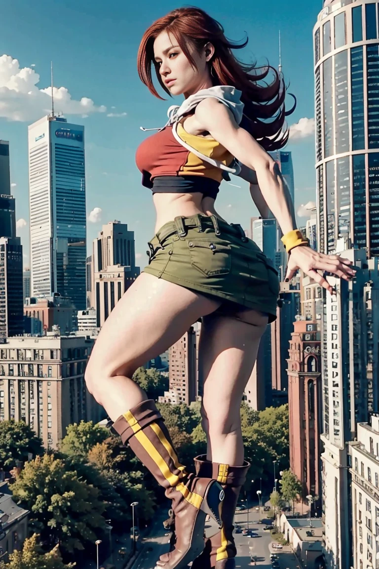 giantess art, tall and athletic girl, highly detailed giantess shot, der riese, long red hair, Super huge, Mini Length Skirt, very small metropolis, Trying to crush a miniature metropolis, Full body depiction, gts, giga giantess, giantess, stomping city, crash city, tiny city, micro city,