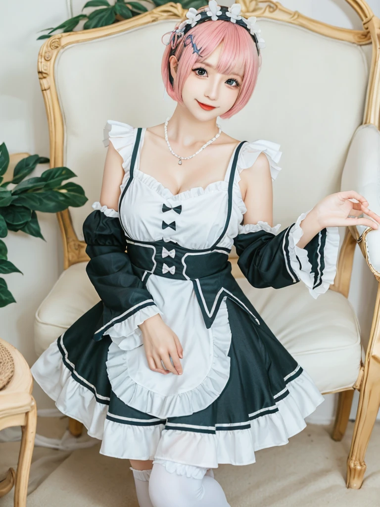 (8K, Photorealistic, Raw photo, of the highest quality: 1.3), (1girl in), Super beautiful, (Realistic face), (boyish, light blue Color Berry Shorthair),(8K, Photorealistic, Raw photo, of the highest quality: 1.3), (1girl in), Super beautiful, (Realistic face), (boyish, pink Color Berry Shorthair), Beautiful , Glare that captivates the viewer, Beautiful expression, Beautiful breasts, (Realistic skin), Be...Create a detailed and colorful image of Ram and Rem from Re:Zero, standing back-to-back in their maid outfits, with a magical fantasy background、14years old, two girls,cute, perfect face, beautiful, nice body, gothic lolita clothes, gothic lolita fashion, frilly skirt, headdress, necklace, bracelet, knee-high socks, boots, double eyelids, tear bags, Detailed down to the fingers, photo-like description, indoors, dim indoor lighting, one girl is pink hair and short bob, another girl is light blue hair and short bob,standing, whole body, composition that shows the whole body, smiling,The Both of them are wearing the same type of maid outfit