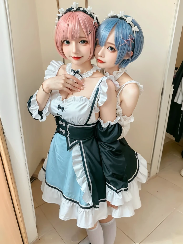 (8K, Photorealistic, Raw photo, of the highest quality: 1.3), (1girl in), Super beautiful, (Realistic face), (boyish, light blue Color Berry Shorthair),(8K, Photorealistic, Raw photo, of the highest quality: 1.3), (1girl in), Super beautiful, (Realistic face), (boyish, pink Color Berry Shorthair), Beautiful , Glare that captivates the viewer, Beautiful expression, Beautiful breasts, (Realistic skin), Be...Create a detailed and colorful image of Ram and Rem from Re:Zero, standing back-to-back in their maid outfits, with a magical fantasy background、14years old, two girls,cute, perfect face, beautiful, nice body, gothic lolita clothes, gothic lolita fashion, frilly skirt, headdress, necklace, bracelet, knee-high socks, boots, double eyelids, tear bags, Detailed down to the fingers, photo-like description, indoors, dim indoor lighting, one girl is pink hair and short bob, another girl is light blue hair and short bob,standing, whole body, composition that shows the whole body, smiling,The Both of them are wearing the same type of maid outfit