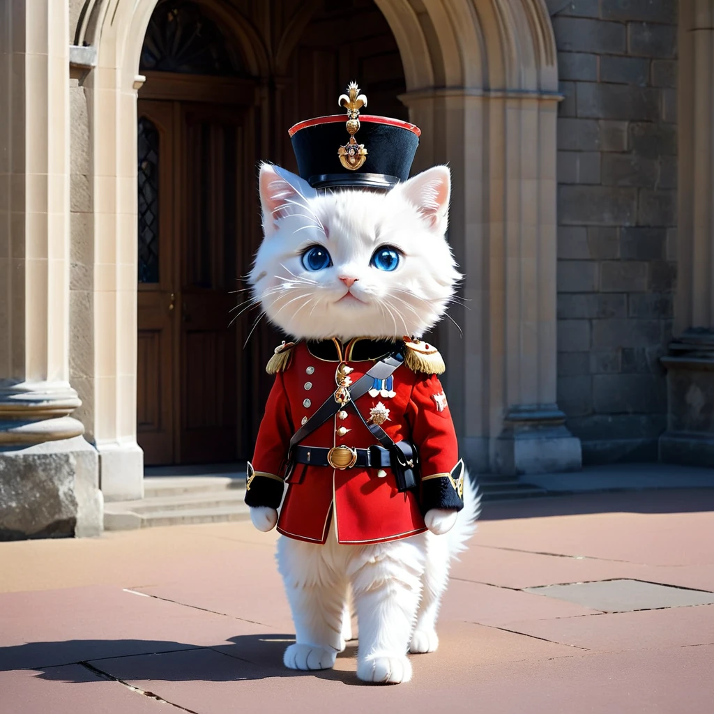 C4tt4stic, A humanized animal character walking on two legs, wearing clothes and having human-like posture, The animal has human-like hands and feet, with a body proportion of 3 heads tall, The animal is a white furry kitten with human-like limbs and blue eyes and is surrounded by countless particles of light, each of which shines brightly,A ceremonial guard in a red uniform and black bearskin hat stands in front of a historic building,The guard is inside a small guardhouse building with a curved top,The building has stone walls and a window in the background,The guard stands upright with his rifle slung over his shoulder, displaying a formal and disciplined posture,The scene resembles the changing of the guard ceremony at Buckingham Palace in London