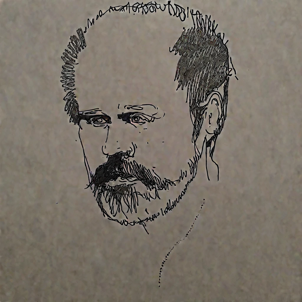 black and white drawing of a a man with beard on a white paper