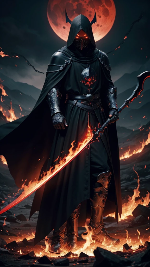 powerful black flames, a black-robed knight carrying a large scythe merged with the flames, hands out of the ground, red moon, black smoke everywhere, ultra hyper realistic,ultra intricate detail,32K UHD, cinematic, wide-shot angle.