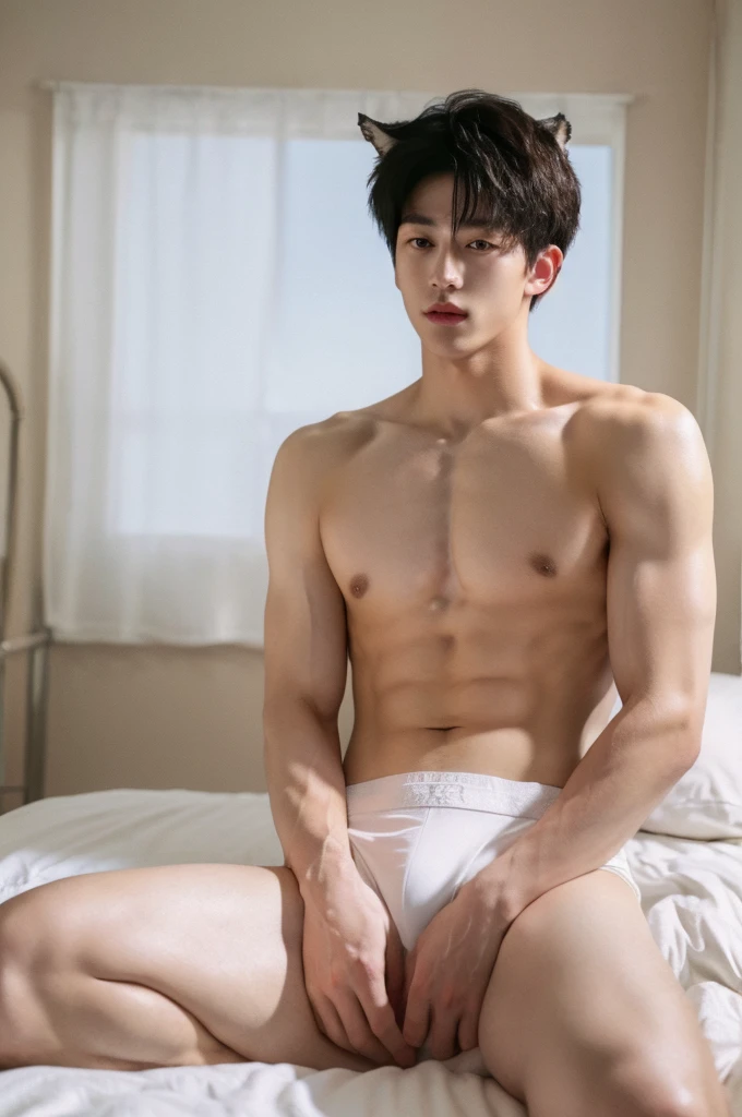 (best quality:1.4), (ultra highres:1.2), (photorealistic:1.4), (8k, RAW photo:1.2), Realistic handsome Japanese guy, muscle, fit, 18 years old, Spread your legs, shirtless, topless, wear cat ears, wear jockstrap underwear, white underwear, bedroom,