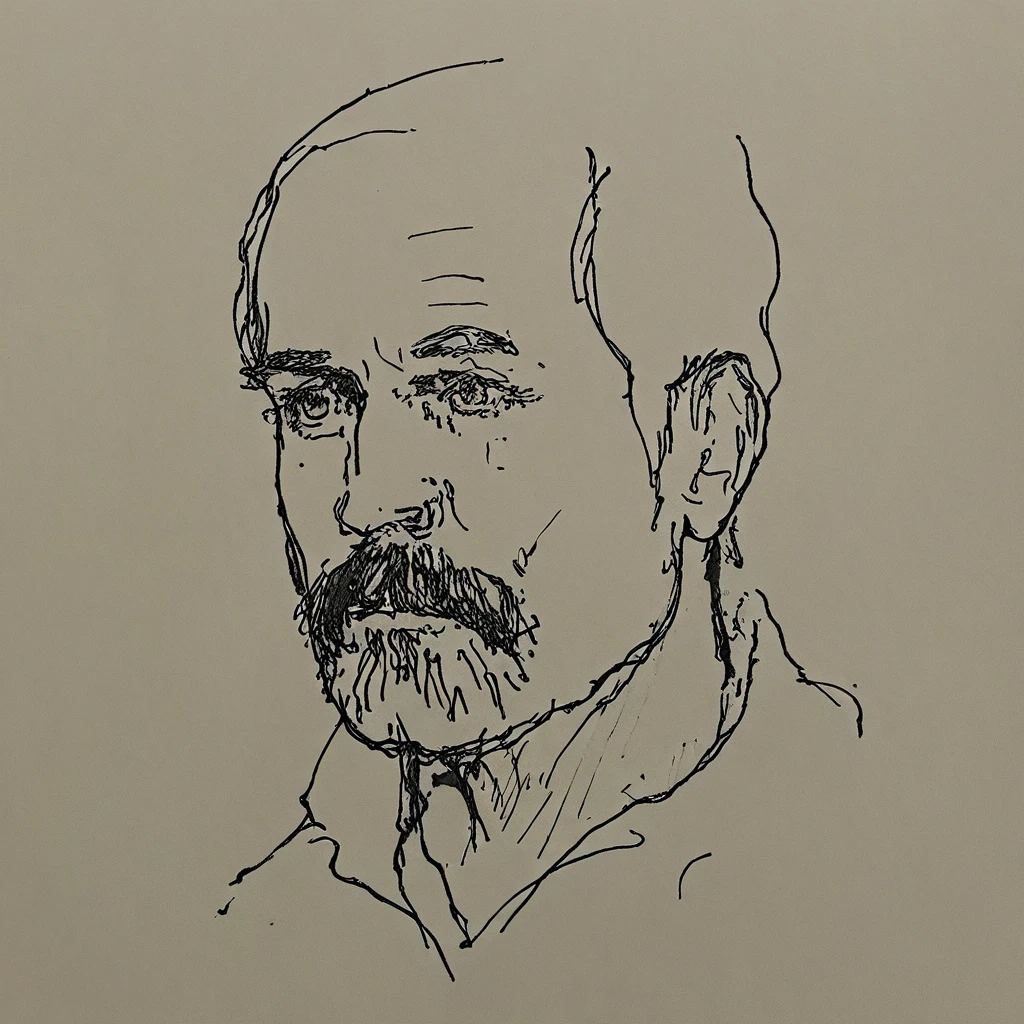 black and white drawing of a a man with beard on a white paper