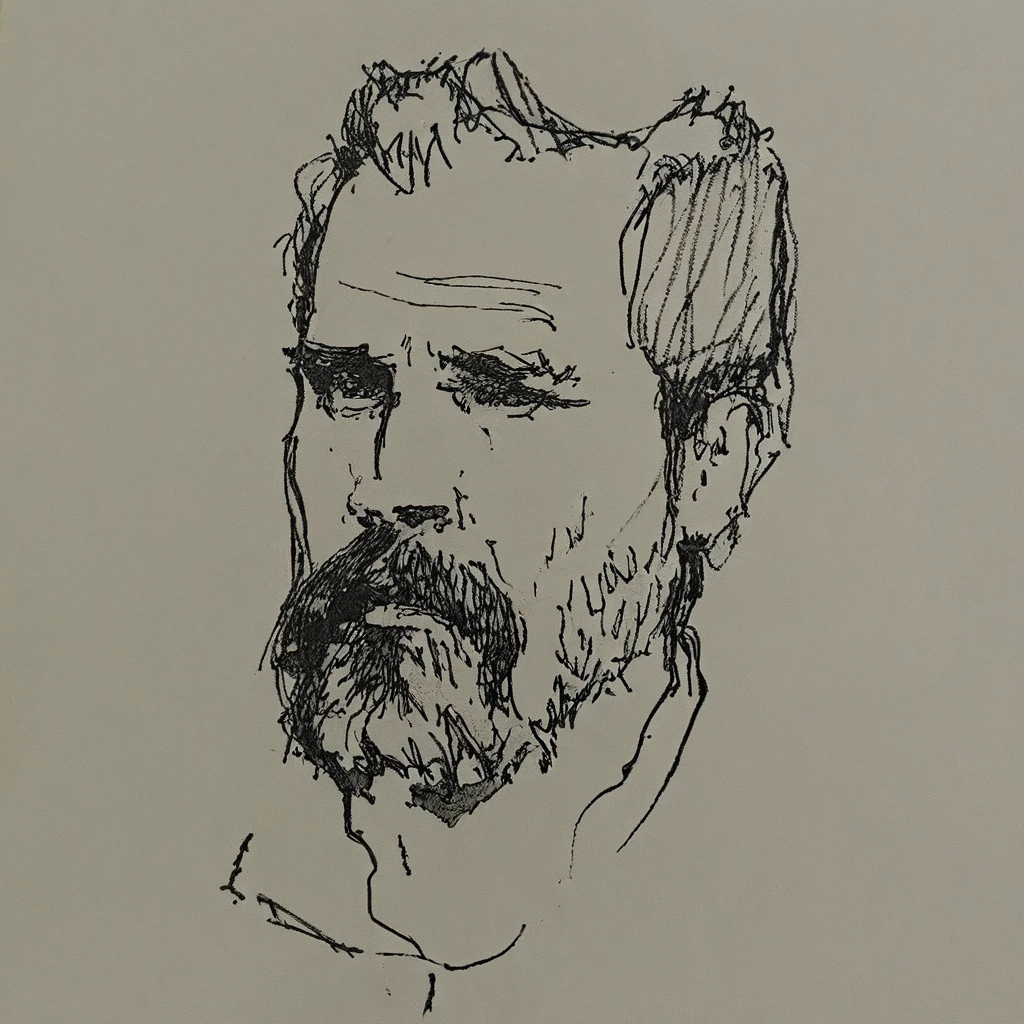 black and white drawing of a a man with beard on a white paper