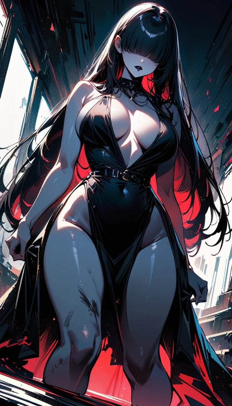 (high quality, 8k, 4K, high contrast, artwork:1.2, high quality, best aesthetics), (dynamic angle), ((1 woman)), , sensual, mature body, super detailed, beautiful face detailed, detailed beautiful mouth, sexy body, perfect breats, perfect wide thighs, white pale skin, black hair, long straight loose black hair, long bangs, bangs covering the eyes, serious  expression, long eyelashes, gothic makeup, black lipstick, black eyeshadow, black eyeliner, simple white dress, torn and dirty clothes, long dark aisle, standing,  body posture, looking at the viewer, centered.