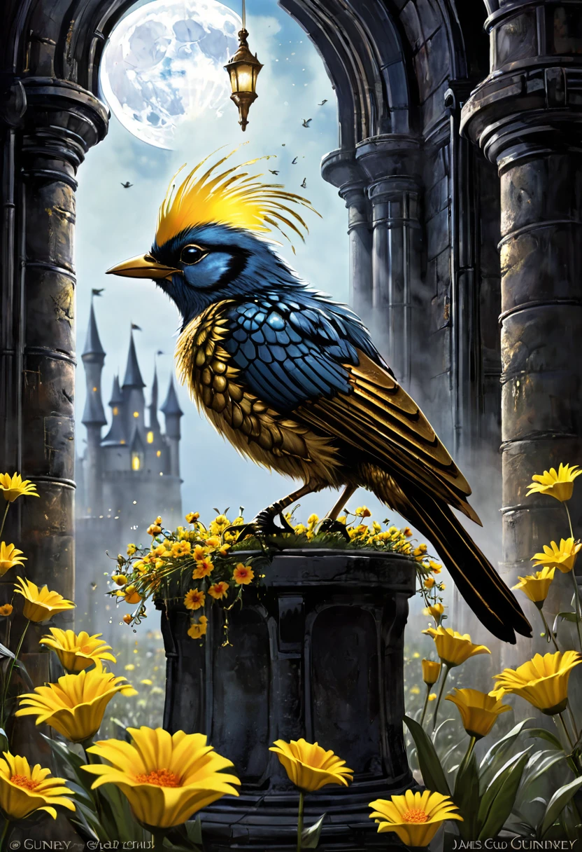 The first knights, Flowers for the Faded, Moonchild, Punked Steam in the Dark Castle Style of James Gurney. A little bird with gold feathers.  --ar 21:9