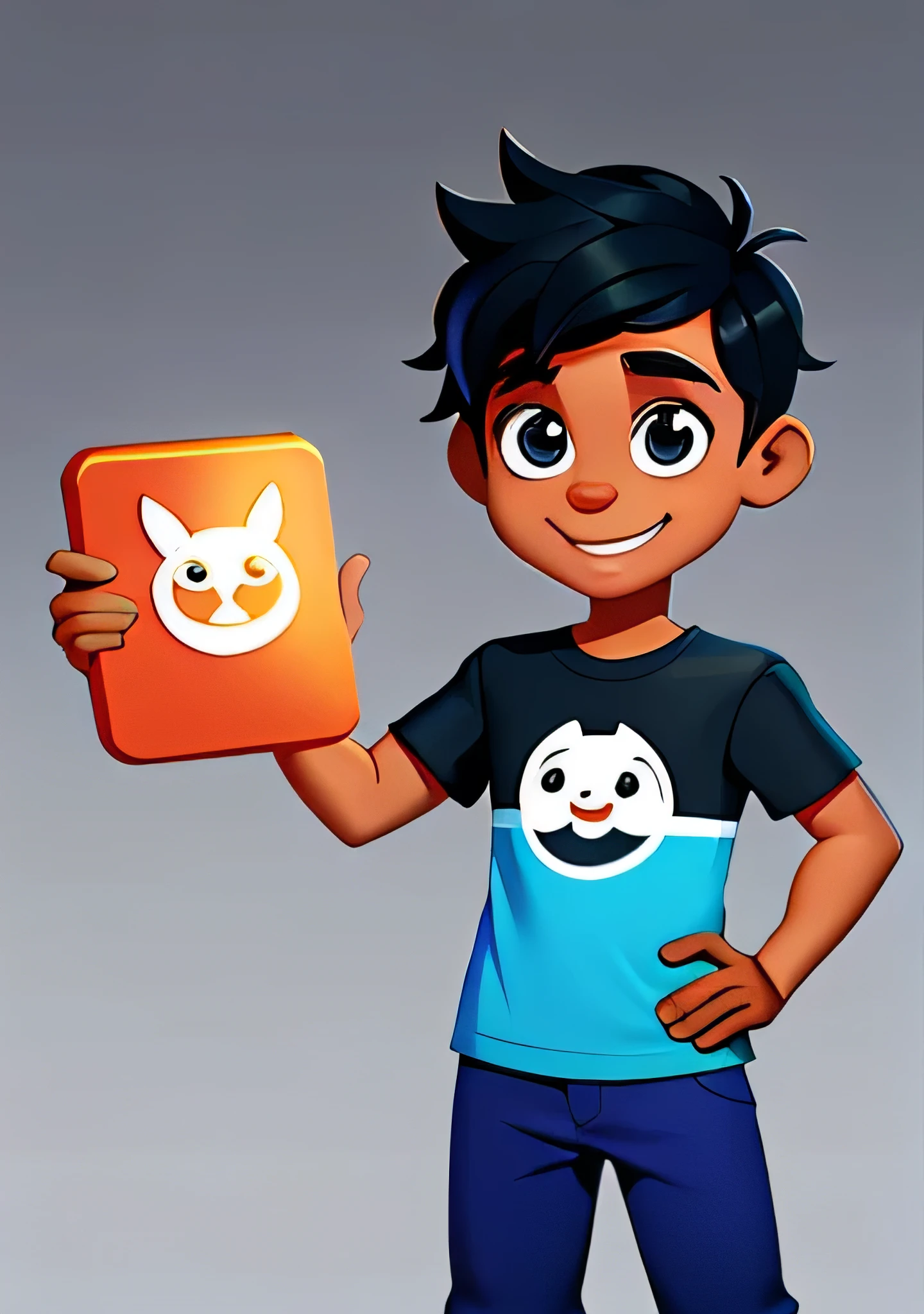 Chiby cartoon, a boy with a balck eyes and hair, with orange shirt and blue pants, smile, background is black fade, he grap a phone and he smile like a sunshine