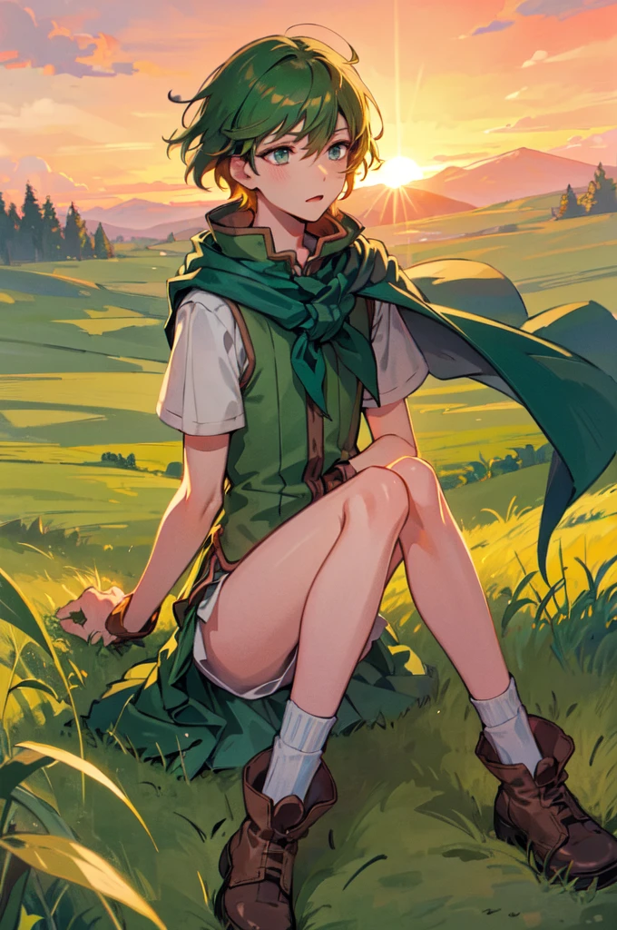 A boy,Solitary,Green clothes,There is a cape,Light blue short hair, White socks, boots, contour, Backlight, Sit cross-legged, grassland, outdoor, twilight, Sunset, Red_Sky
