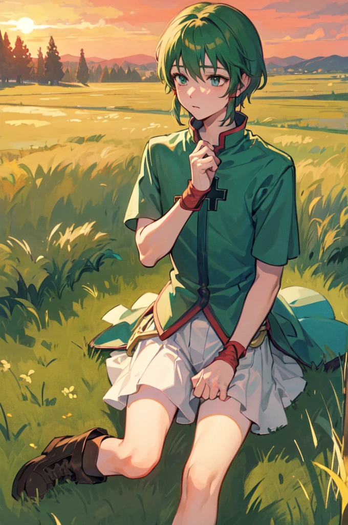 A boy，Solitary，Green clothes，There is a cape，Light blue short hair, White socks, boots, contour, Backlight, Sit cross-legged, grassland, outdoor, twilight, Sunset, Red_Sky