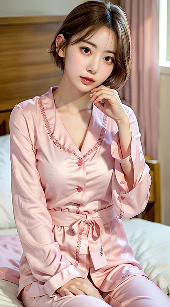 araffe woman in pink pajamas sitting on a bed with her hands crossed, satin, Wearing pajamas, Nightwear, 白いWearing pajamas, wearing a luxurious silk robe, ゆったりしたWearing pajamasいる, silk robes, silk, wearing a light - pink suit, pink, pink clothes, with soft pink colors, sleepy, silky, Wear a nightgown, light pink,short hair、Perfect white glowing skin、Brown eyes、Sharp contours