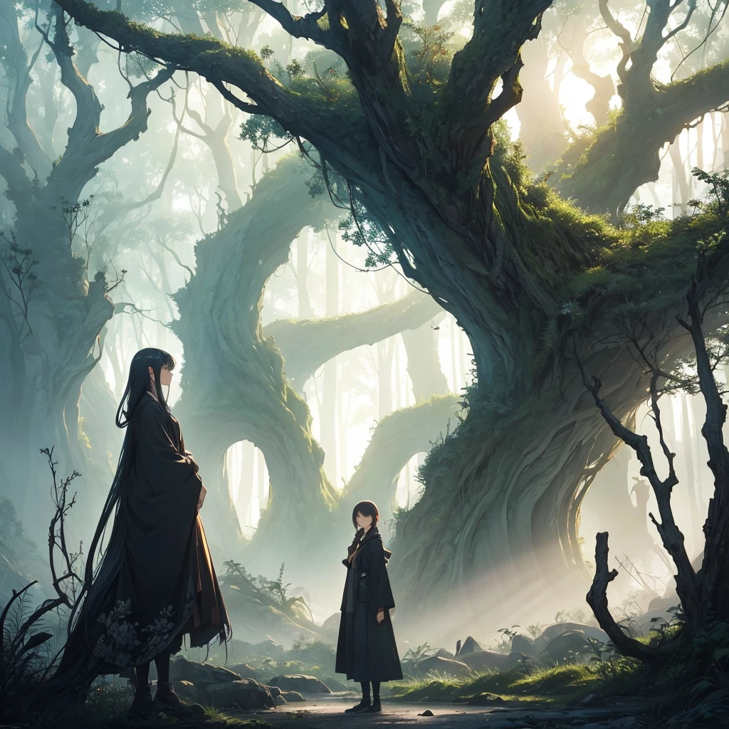 Surreal illustration of dark anime nature scene., with the participation of twisted, gnarled trees and strange, otherworldly flora, inspired by the works of Yoshitaka Amano. Color Temperature: Warm., with a rich man, bright shades, saturating the scene, creating a fabulous atmosphere. Facial expressions, if shown, serene, but mysterious, adding unearthly image quality. The lighting is soft and diffused., casting a gentle glow on the surreal landscape, although the atmosphere is calm, but alarming