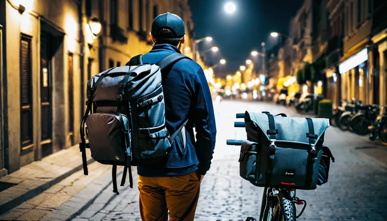delivery man, backpack on his back, next to his bike, backpack on his back, street, dark night