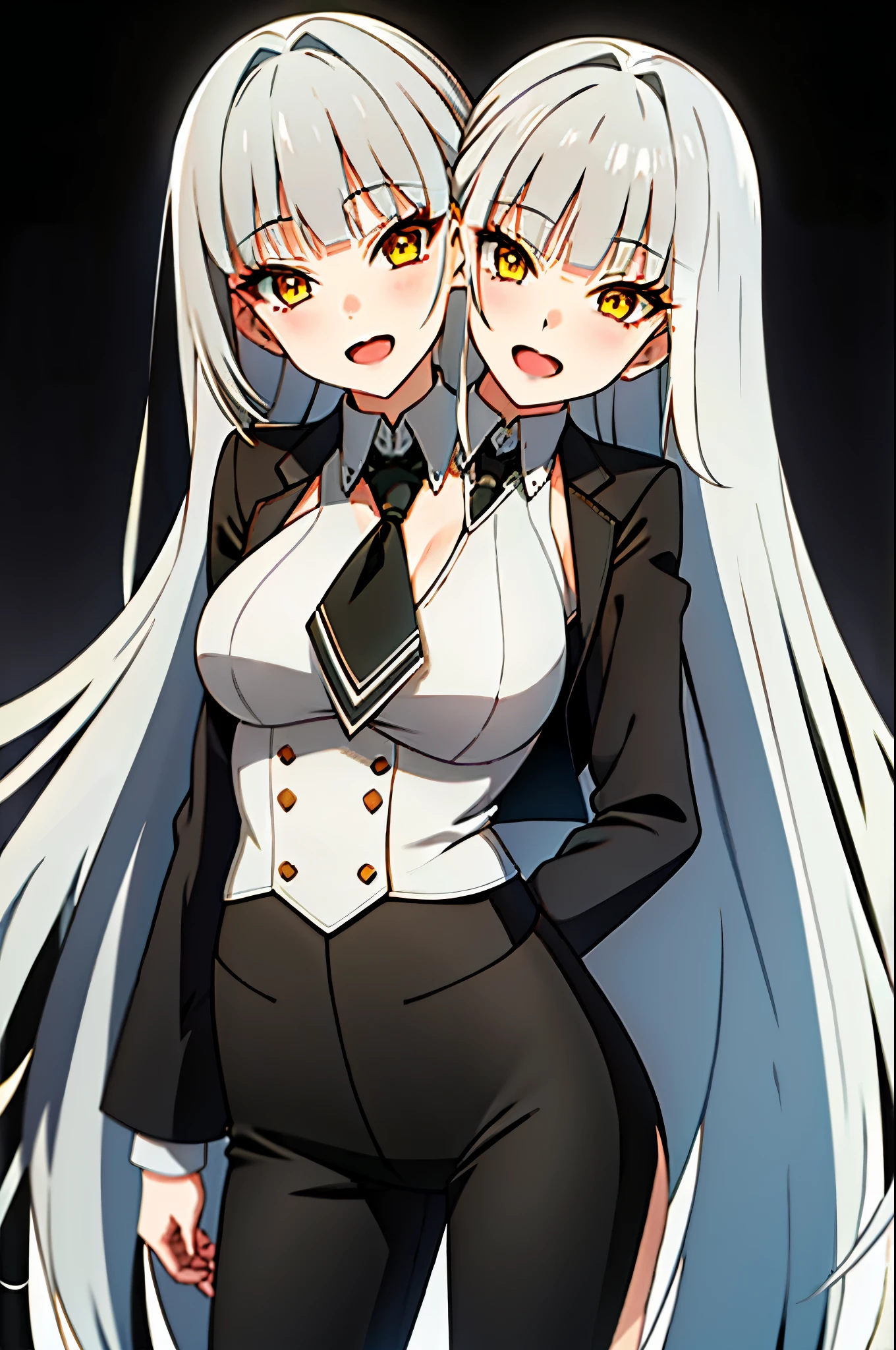 1girl, solo, long hair, yellow eyes, looking at viewer, smile, white background, arm up, open mouth, grey hair, very long hair, cowboy shot, black business suit, black pants, red tie, white hair,(shiny skin),(mature female:1.2),blanc \(nikke\), (2heads:1.4)