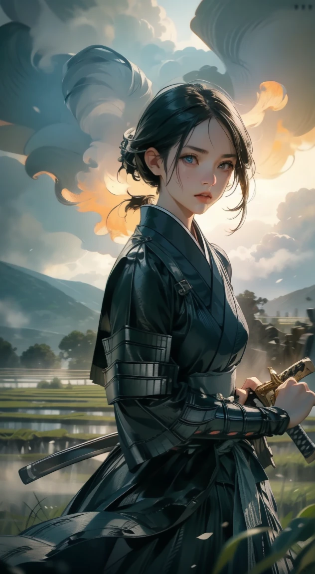 samurai girl, 1 girl, beautiful detailed eyes, beautiful detailed lips, extremely detailed face and eyes, long eyelashes, samurai armor, ((japanese swords)), rural rice field road, rolling hills, cloudy sky, detailed environment, dramatic lighting, cinematic lighting, dramatic shadows, highly detailed, 8K, photorealistic, hyper detailed, masterpiece, vibrant colors, atmospheric, intricate details,Photograph the whole body、A face dirty with mud、戦さ場