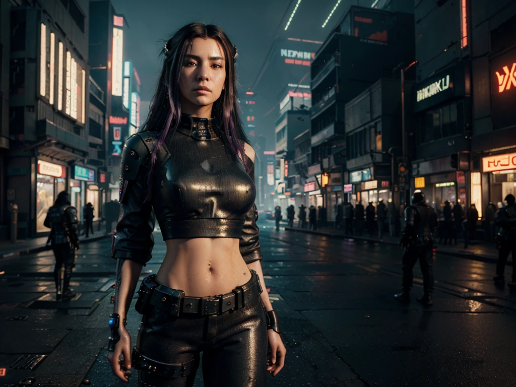 ((Best quality)), ((masterpiece)), (highly detailed:1.3), 3D, beautiful (cyberpunk:1.3) street samurai woman with thick shapeless hair, pistols worn on hips, cinematic lighting, depth of field, night scene, without facemask.