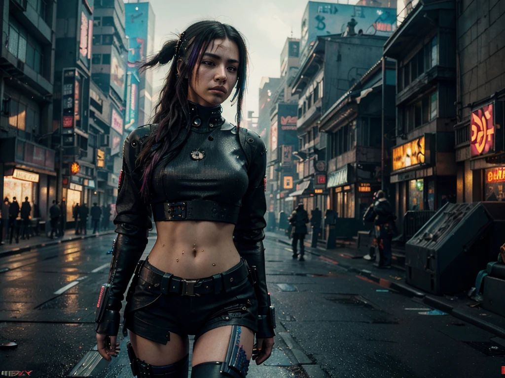 ((Best quality)), ((masterpiece)), (highly detailed:1.3), 3D, beautiful (cyberpunk:1.3) street samurai woman with thick shapeless hair, pistols worn on hips, cinematic lighting, depth of field, night scene, without facemask.