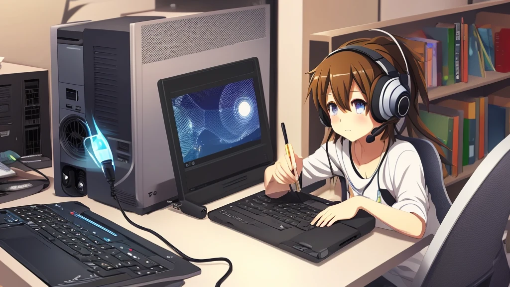 garçon animé with headphones working on a laptop computer, un dessin animé de Yuumei, Gagnant du concours Pixiv, le réalisme, style animé 4K, illustration numérique d'anime, oeuvre d'art dans le style de guweiz, art animé numérique, style artistique anime de haute qualité, jeune homme animé, garçon animé, Fond d'écran animé 4k, noyau nocturne, style artistique lofi