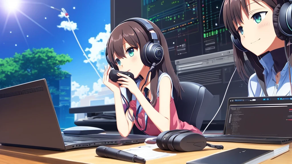 garçon animé with headphones working on a laptop computer, un dessin animé de Yuumei, Gagnant du concours Pixiv, le réalisme, style animé 4K, illustration numérique d'anime, oeuvre d'art dans le style de guweiz, art animé numérique, style artistique anime de haute qualité, jeune homme animé, garçon animé, Fond d'écran animé 4k, noyau nocturne, style artistique lofi