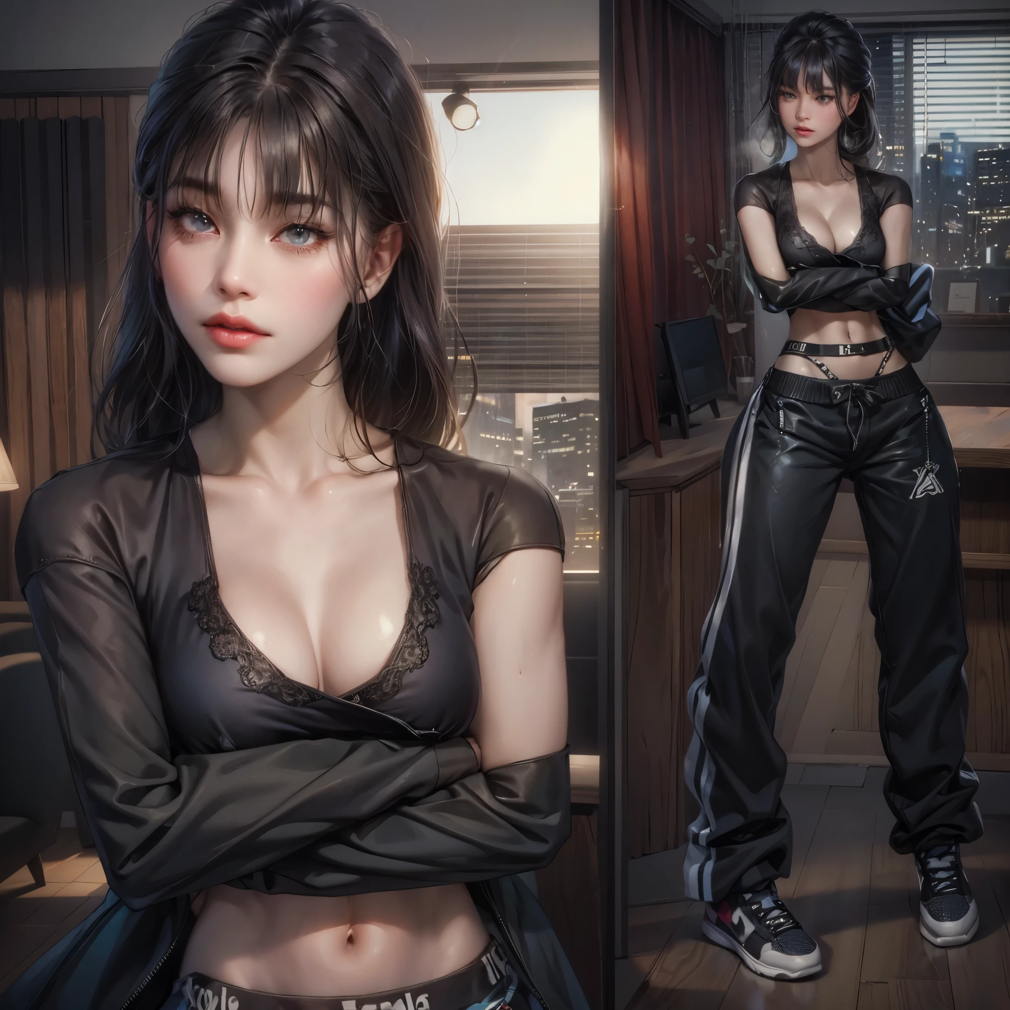 there is a woman that is standing in a room with a shirt on, imvu, second life avatar, hyperrealistic , she is wearing streetwear, realistic artstyle, digital art. @mariomaniacdude, realism artstyle, in clothes! highly detailed, realistic style, casual pose, bra and shorts streetwear, highly_detailed!!