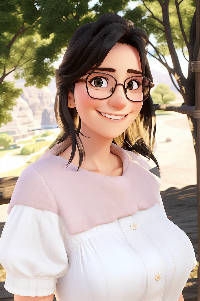 woman, smiling, wearing glasses, landscape in the background