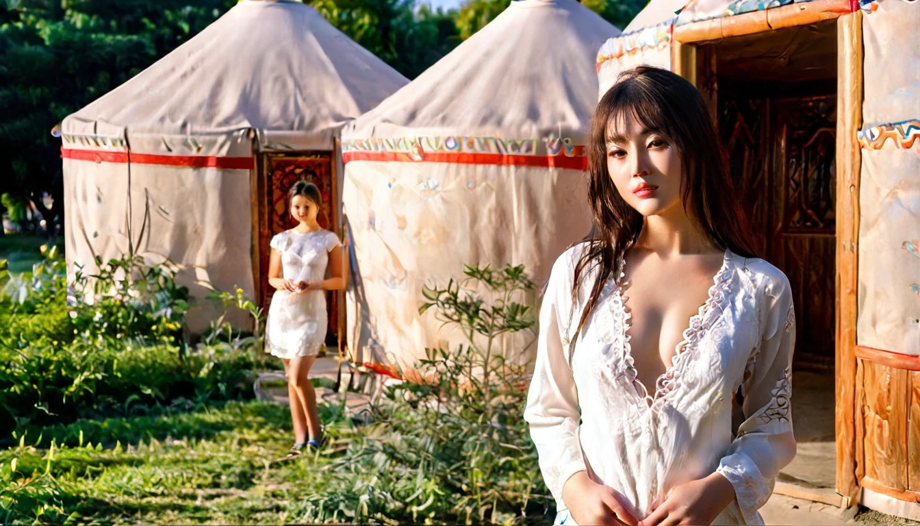 (best quality), (masterpiece), (detailed), (5 girl), (full body), five Uzbekistan Young Women standing in front of Mongolian Yurt, Uzbekistan young women, beautiful detailed eyes, lace traditional,, cute,